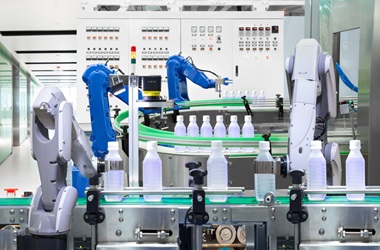 HOME robotic arm on production line in factory, industry 4.0 concept